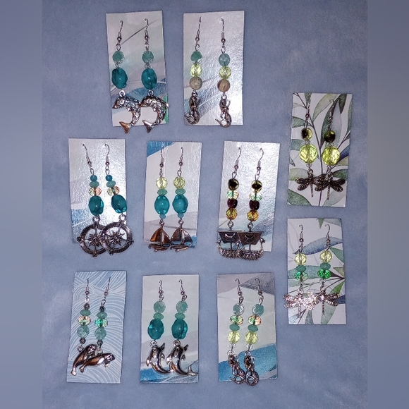 Uranium Glass Beaded Earrings Silver Charms Vintage Beads Blue Yellow Green Purp - Picture 10 of 12